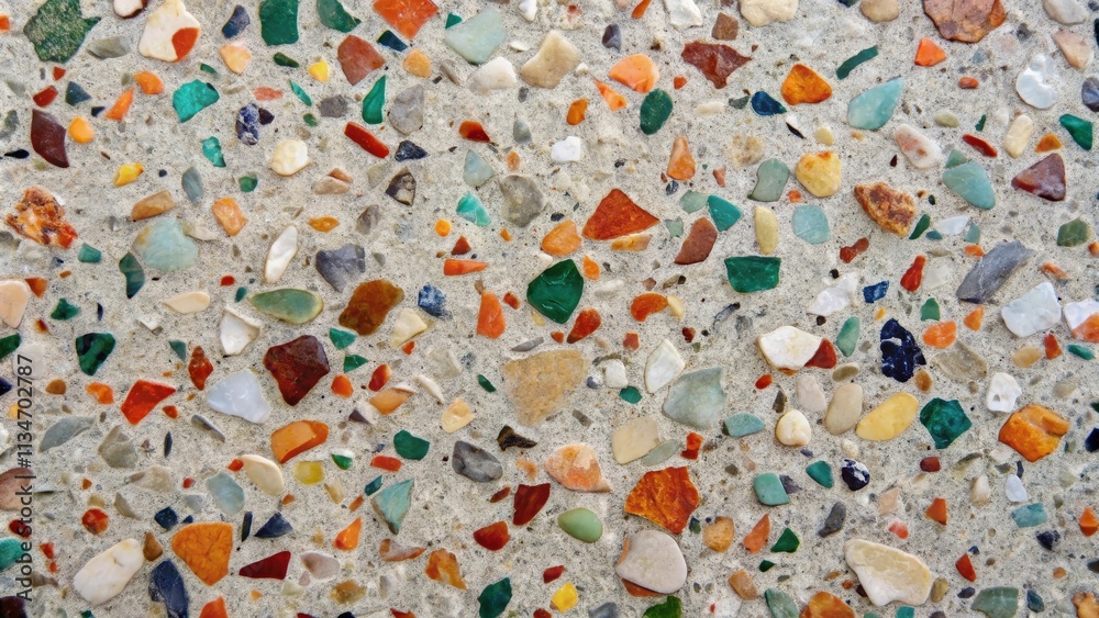 Leinwandbilder A close-up of a textured surface, with small colorful stones embedded in a gray cement base, creating a mosaic-like effect.