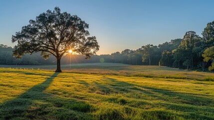 Obraz premium A serene sunrise over a grassy field with a large tree casting long shadows.
