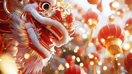 new year and celebration and festivity concept. Colorful Dragon Mask with Lanterns in Background