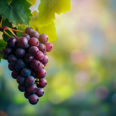 Bunch of the Cabernet Franc grape with leaves at blur background with free space for text. Ripe cluster of black wine grape on vine, close up view, horizontal format (1)