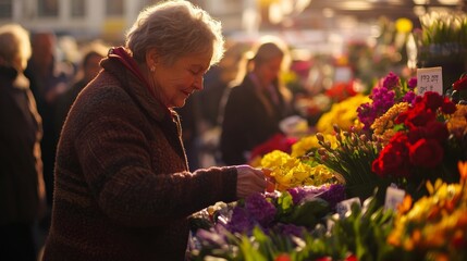 Joyful Woman Choosing Flowers at Vibrant Market at Sunset