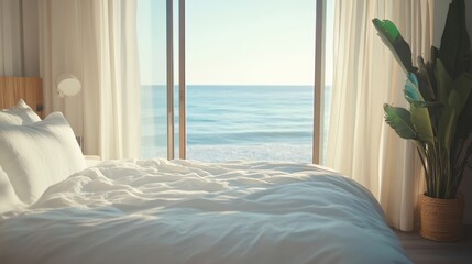 Cozy bedroom with a stunning ocean view. Soft bedding and bright curtains let in natural light for a serene morning vibe.
