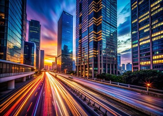 Fototapeta premium Modern Cityscape Silhouette, Traffic Flow Design, Night Architecture, Urban Planning, Building Skyline