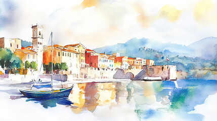 A watercolor painting of a port city with boats and buildings in Italy