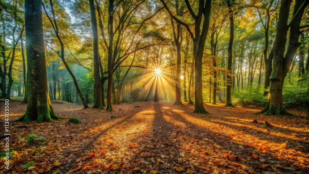 Poster sunbeams pierce through the canopy of a deciduous forest, illuminating the forest floor covered in f