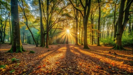 Obraz premium Sunbeams pierce through the canopy of a deciduous forest, illuminating the forest floor covered in fallen leaves.