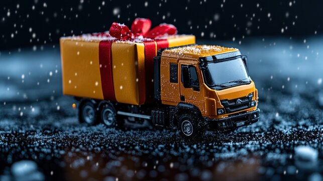 Red Toy Truck Carrying Festive Gift Box on Snowy Surface - Holiday Cheer and Celebration