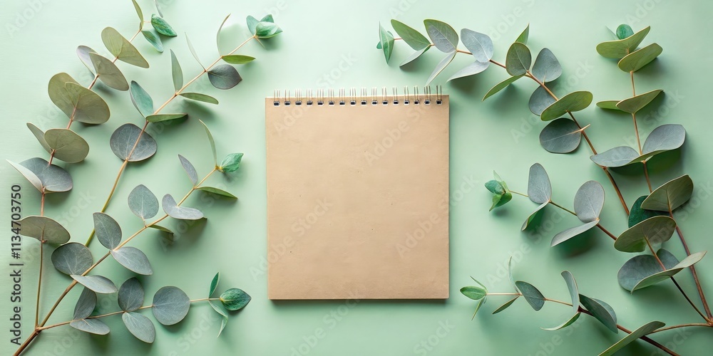 Poster Simple and Natural A Flat Lay Composition with Eucalyptus Branches and a Blank Notebook on a Mint Green Background