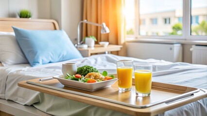 Modern Hospital Meal Tray on Bed Table with Drink and Medical Equipment in Background, Showcasing Comfort and Care in a Contemporary Healing Environment