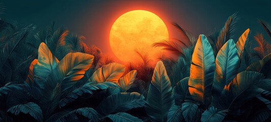 Tropical Jungle Scene with Lush Green Leaves and Vibrant Orange and Teal Sunset in Modern Abstract Style