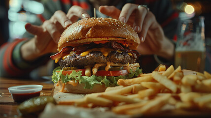 A person eating a large burger with fries, focusing on the excessive size of the meal.