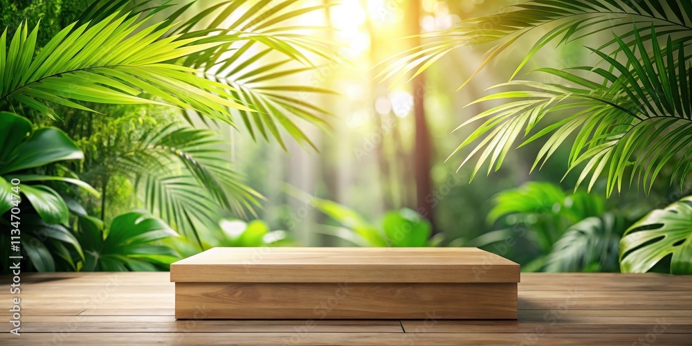 Poster wooden platform display against a lush tropical foliage background with soft sunlight filtering thro