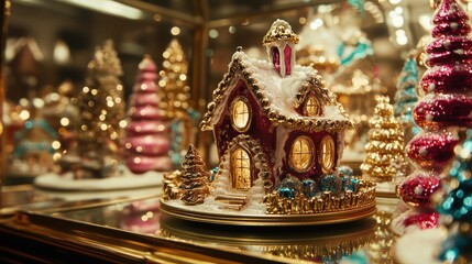 Fototapeta premium Creating a festive gingerbread house with spun sugar windows a culinary art exhibition