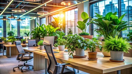 Modern Office Space with Lush Indoor Plants in Foreground and Blurred Background Creating a Fresh and Inviting Work Environment for Enhanced Productivity and Wellbeing