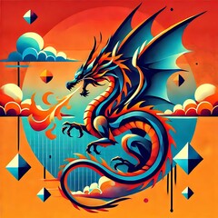 Vibrant dragon breathing fire in a colorful backdrop.