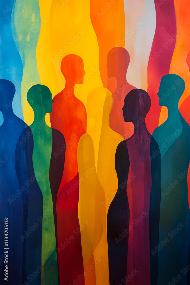 Poster Vibrant silhouettes of diverse figures create a colorful abstract representation of unity and diversity