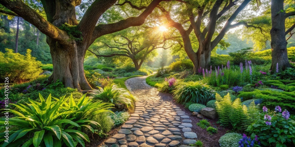 Poster a sun-drenched path winds through a lush garden, framed by the majestic branches of ancient trees, t
