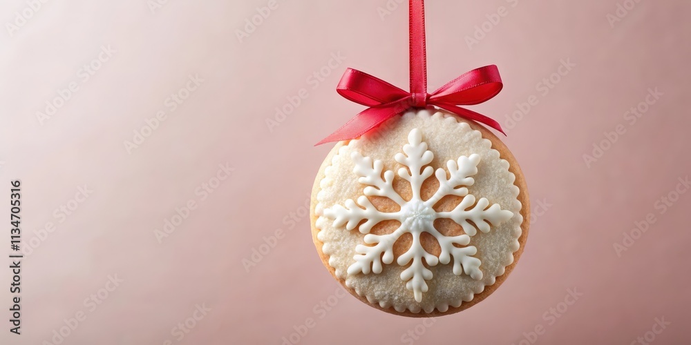 Poster a delicate snowflake icing adorns a round gingerbread cookie, tied with a festive red bow, hanging a