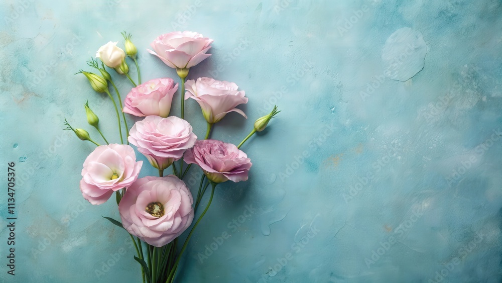 Poster delicate pastel flowers arranged on a soft blue background with copy space