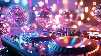 new year and celebration and festivity concept. Colorful DJ Equipment with Shiny Decor Balls