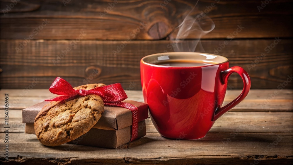 Poster a steaming cup of coffee sits on a rustic wooden table, next to a gift wrapped with a red ribbon and