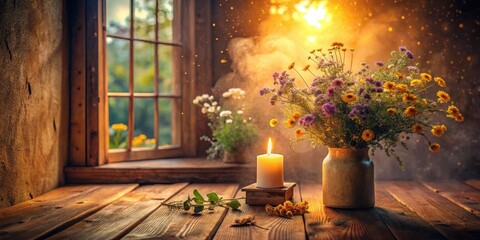 Fototapeta premium A flickering candle casts a warm glow on a wooden table adorned with a vase of wildflowers, creating a serene and inviting atmosphere.