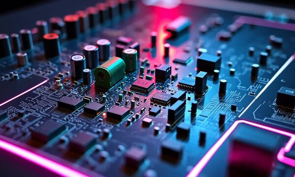 A circuit board with vibrant colors