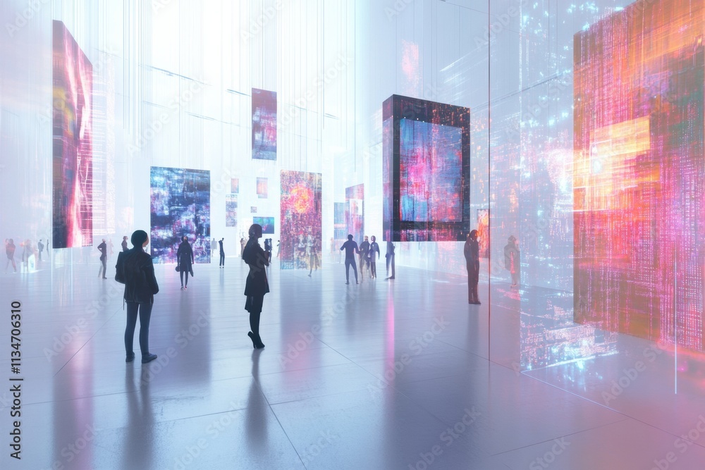 Fototapete Visitors engage with immersive virtual artworks and dynamic avatars in a brightly lit digital gallery, showcasing modern creativity. Generative AI