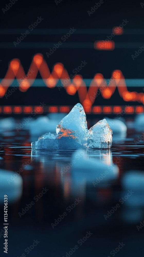 Aufkleber vibrant ice formation with glimmering reflection against abstract data visualization and trend lines