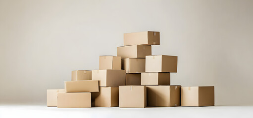 Obraz premium A neatly stacked pile of cardboard boxes on a plain background, symbolizing moving or storage organization.