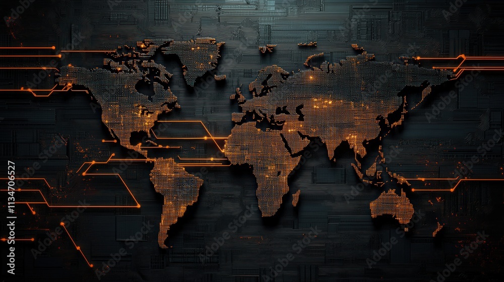 Poster Dark World Map with Digital Circuit Lines and Geometric Patterns Representing Global Connectivity and Technology Advances in a Futuristic Landscape