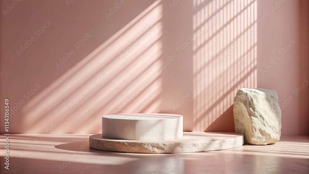Poster minimalist stone podium with soft light and shadow patterns on a light pink wall