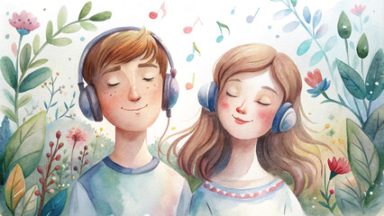Woman and man wearing headphones listening to music