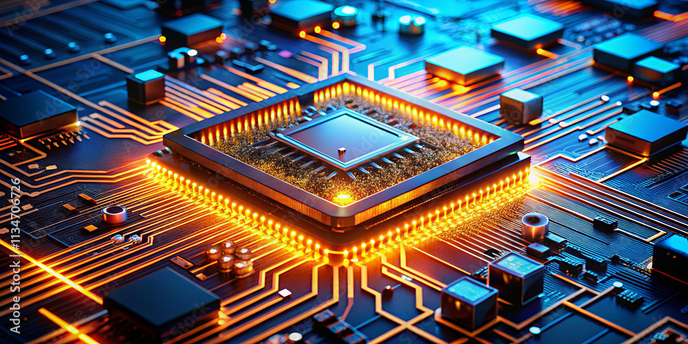 Poster a close-up view showcases a microprocessor surrounded by glowing circuits on a circuit board, reflec