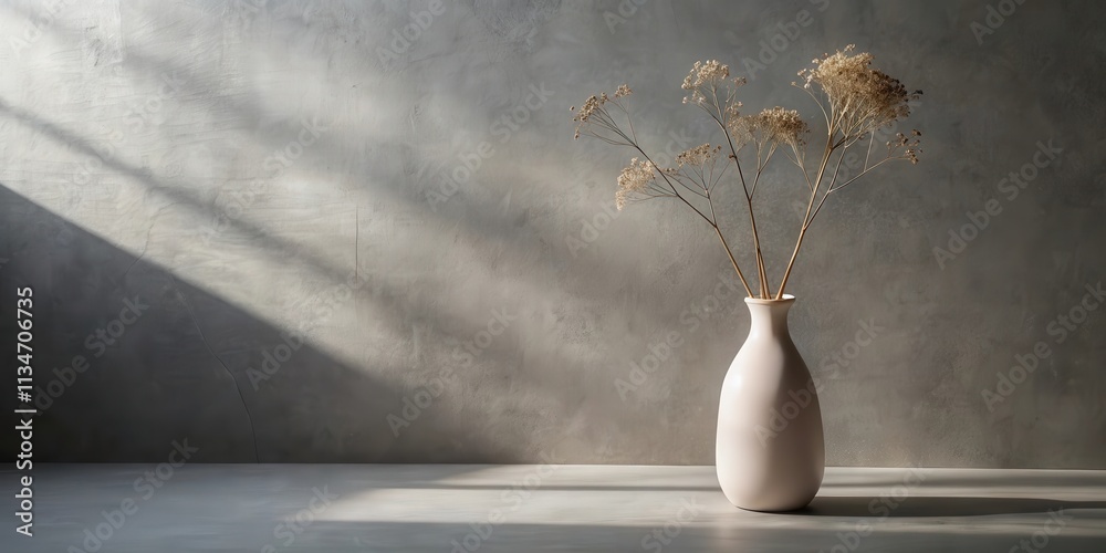 Poster A single vase with dried flowers sits on a concrete surface with the light filtering through a window casting soft shadows on the wall