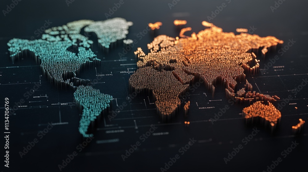 Aufkleber Abstract World Map Created with Digital Particles Representing Global Connectivity and Data Flow in a Modern Visualization Style