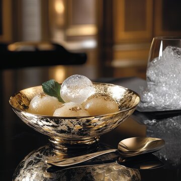 Savor champagne sorbet intermezzo elegant dining room culinary delight luxurious ambiance close-up gold leaf indulgence
