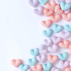 Colorful heart shapes scattered on a white background, perfect for romantic themes.