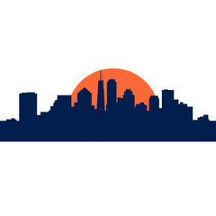 Fototapeta premium Silhouette of a city skyline with a red sun rising over the buildings.