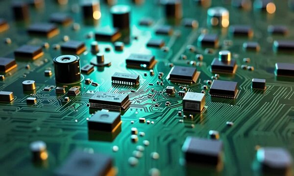 A circuit board with vibrant colors