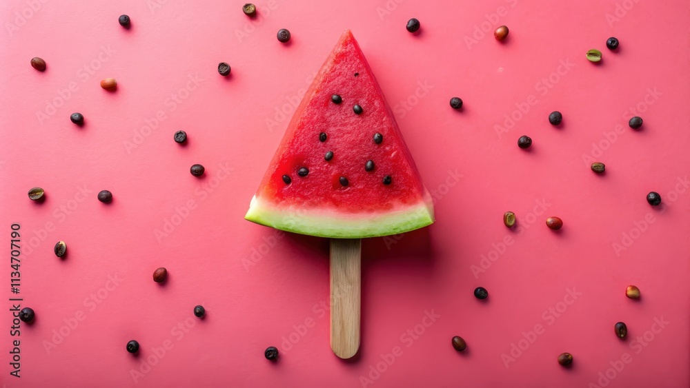 Poster a watermelon slice on a stick surrounded by coffee beans and seeds on a pink background