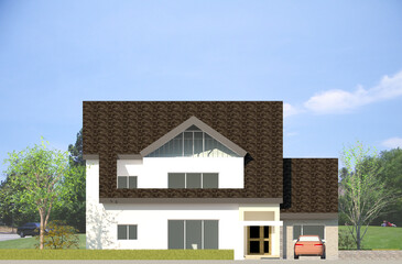 modern house on a sunny day, 3D facade rendering of a two-story detached house