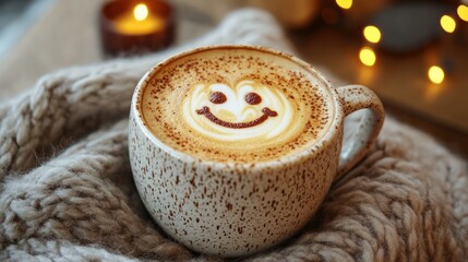 Coffee Latte Art with Smiley Face in Cozy Café Setting, Woman Holding Cup, Warm Morning Vibes, Relaxing Drink