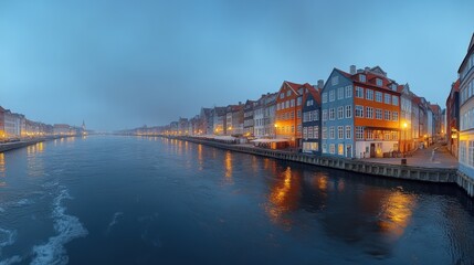 Obraz premium A serene waterfront view of colorful buildings reflecting in the calm water at dusk.