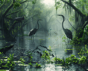 Tranquil bog with lily pads and flowering plants, surrounded by dense forest and clear, reflective water.