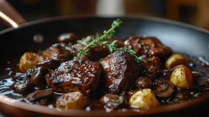 Savoring pheasant breast with wild mushroom sauce rustic kitchen culinary delight cozy atmosphere gourmet concept