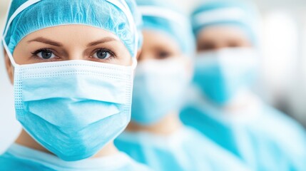 A focused group of healthcare professionals in masks and scrubs, emphasizing dedication and safety in a clinical environment.