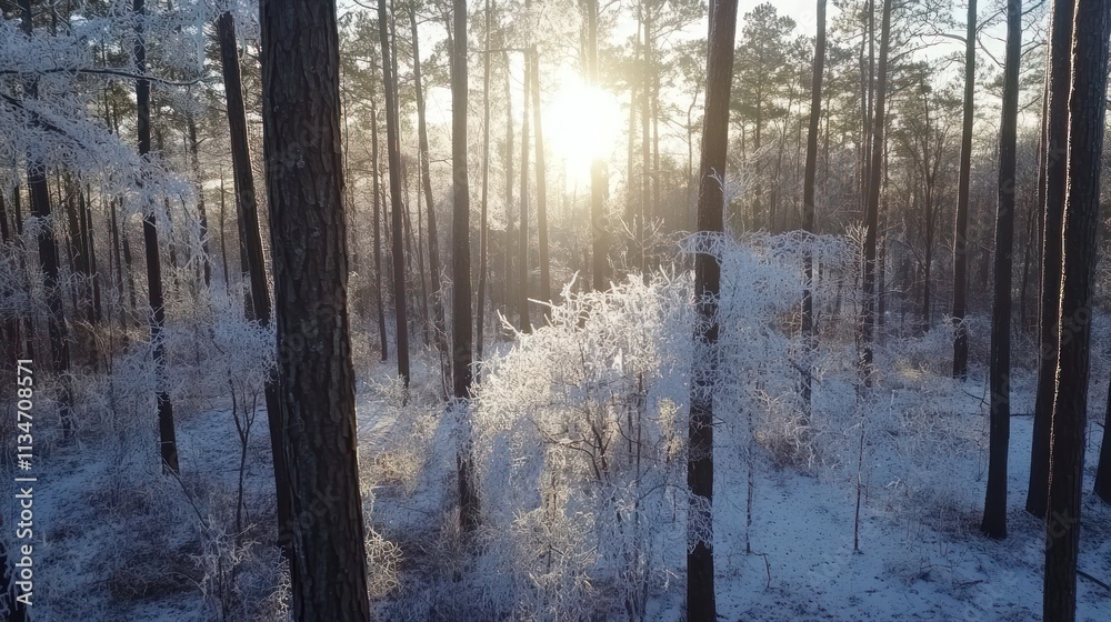 Poster a serene winter forest scene with sunlight filtering through icy trees.