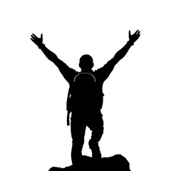 Silhouette of a man standing on a rock with his arms raised, symbolizing success, achievement, and victory.
