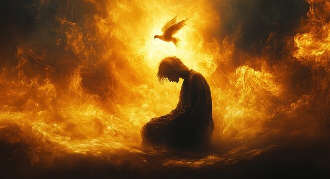 Divine Light and Fire Dove Descending Upon Kneeling Man in Prayer